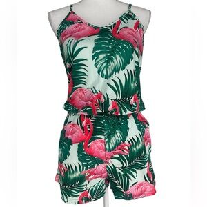 Green & Pink / Flamingo Print Romper / Small 🦩🌴